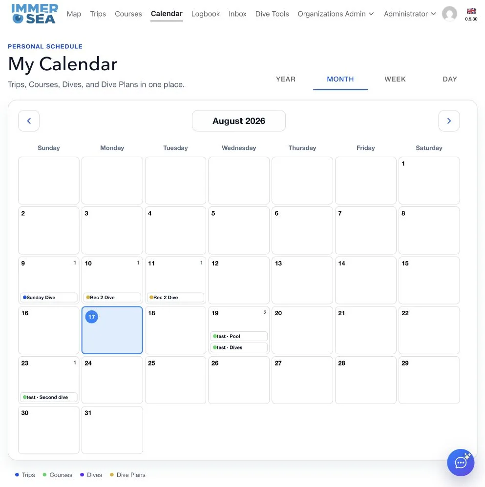 U-Dive personal activity calendar